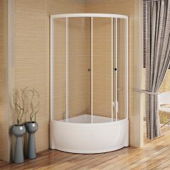 Купить Душевой угол 90 (высокий поддон), стеклянные шторки (прозрачные), поддон на раме-подставке с устройством слива, фронтальная панель, профиль белый (1-03-1-0-0-0020) по цене 64965 руб., в Санкт-Петебруге в интернет магазине 100-Систем, а также дургие товары RADOMIR из раздела Душевые ограждения и Душевые кабины и ограждения