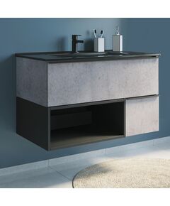 Купить COMFORTY. Тумба-умывальник "Франкфурт-90" бетон светлый с раковиной  COMFORTY 90E черная матовая (00-00006503) по цене 45430 руб., в Санкт-Петебруге в интернет магазине 100-Систем, а также дургие товары COMFORTY из раздела Тумбы с умывальником и Мебель для ванной комнаты
