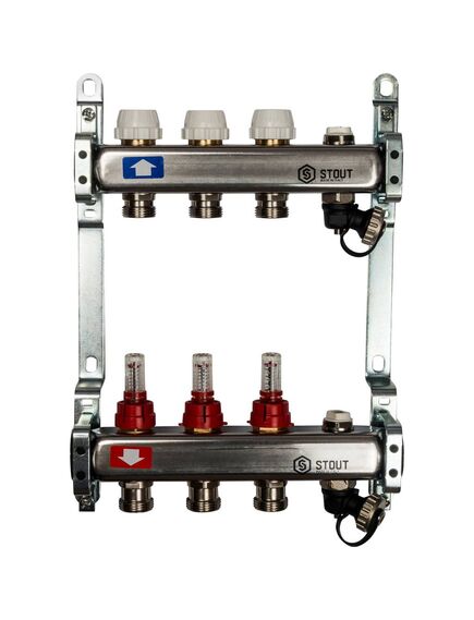Купить SMS-0927-000003 STOUT Коллектор из нержавеющей стали с расходомерами, с клапаном вып. воздуха и сливом 3 вых. (sms-0927-000003) по цене 12096 руб., в Санкт-Петебруге в интернет магазине 100-Систем, а также дургие товары STOUT из раздела Коллекторы теплого пола и Коллекторы и коллекторные группы