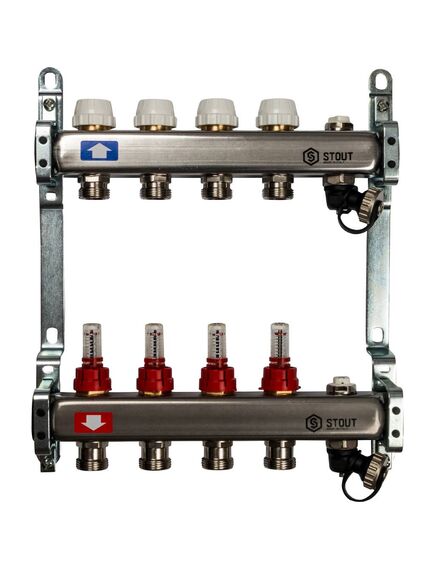 Купить SMS-0927-000004 STOUT Коллектор из нержавеющей стали с расходомерами, с клапаном вып. воздуха и сливом 4 вых. (sms-0927-000004) по цене 14560 руб., в Санкт-Петебруге в интернет магазине 100-Систем, а также дургие товары STOUT из раздела Коллекторы теплого пола и Коллекторы и коллекторные группы