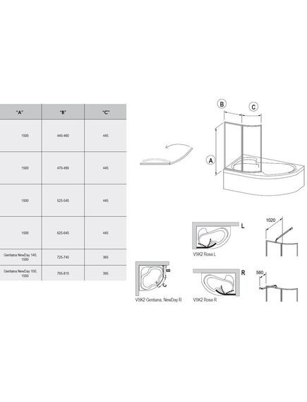 Купить Шторка для ванны Ravak VSK2 Rosa 170 L транспарент (76lb0100z1) по цене 48290 руб., в Санкт-Петебруге в интернет магазине 100-Систем, а также дургие товары RAVAK из раздела Стеклянные шторки для ванн и Сантехника