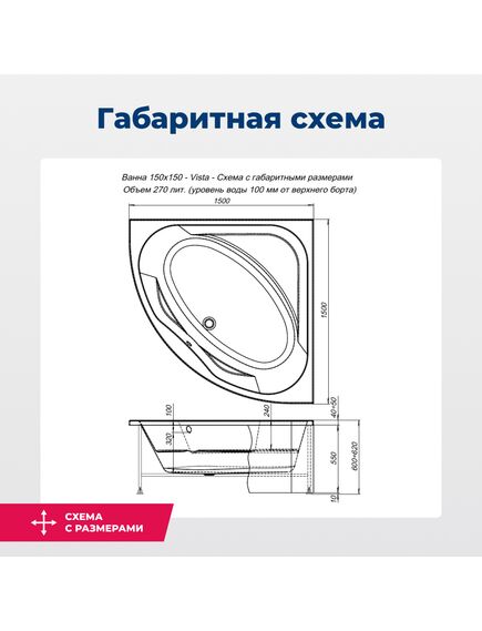 Купить Акриловая ванна Aquanet Vista 150x150 (с каркасом) (254389) по цене 28575 руб., в Санкт-Петебруге в интернет магазине 100-Систем, а также дургие товары AQUANET из раздела Акриловые ванны и Ванны