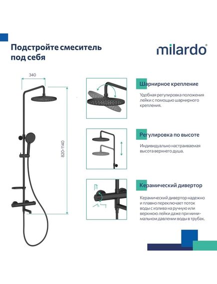 Купить Смеситель термостатический для ванны со стойкой и тропической лейкой, черный матовый, Ideal Spa, Milardo, ILSBLTHM06 (ilsblthm06) по цене 22290 руб., в Санкт-Петебруге в интернет магазине 100-Систем, а также дургие товары MILARDO из раздела Душевые стойки и Душевые стойки, системы, панели, гарнитуры