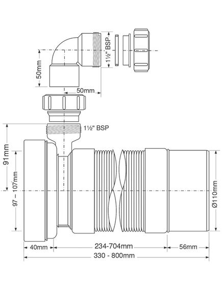 Купить Фановая раздвижная (L330-800мм) гофрированная труба с адаптером на 40мм; вход на 90-110мм; выход гладкий Дн=110мм (mrwc-f33pd) по цене 3590.29 руб., в Санкт-Петебруге в интернет магазине 100-Систем, а также дургие товары McALPINE из раздела Гофрированный отвод и Отводы для унитазов
