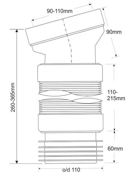 Купить Фановая раздвижная (L260-365мм) гофрированная труба под углом 14° c прокладкой; вход на 90-110мм, выход вставляется внутрь 4”/110мм трубы (mrwc-f10r) по цене 3026.41 руб., в Санкт-Петебруге в интернет магазине 100-Систем, а также дургие товары McALPINE из раздела Гофрированный отвод и Отводы для унитазов