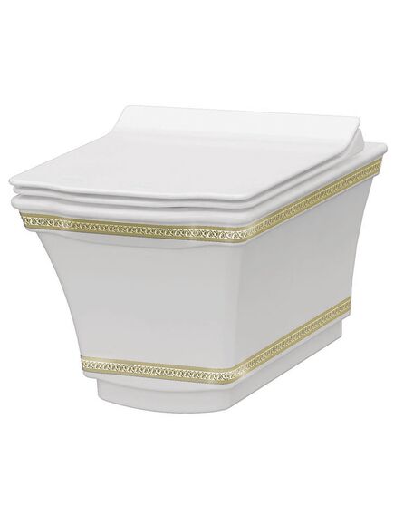 Купить BOHEME Подвесной Унитаз с узором Hermitage GOLD с технологией RIMLESS - безободковый смыв, имеет скрытый монтаж и экономичный смыв 4л. 951-G (951-g) по цене 48787.61 руб., в Санкт-Петебруге в интернет магазине 100-Систем, а также дургие товары BOHEME из раздела Унитазы подвесные и Унитазы