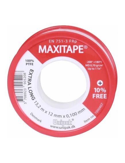 Купить ФУМ-лента "MAXITAPE"  (13,2м*12мм*0,10мм) (1000457/1000407) по цене 109 руб., в Санкт-Петебруге в интернет магазине 100-Систем, а также дургие товары Unipak из раздела Прокладки, лен, фум, смазки, клей и Инструменты, крепёж, прокладки