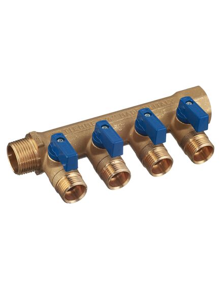 Купить Коллектор 4 отв. с шар. клапанами 3/4*1/2"(16) (латунь) синие ручки (1820039) по цене 5795 руб., в Санкт-Петебруге в интернет магазине 100-Систем, а также дургие товары  из раздела Запорные коллекторы и Коллекторы и коллекторные группы