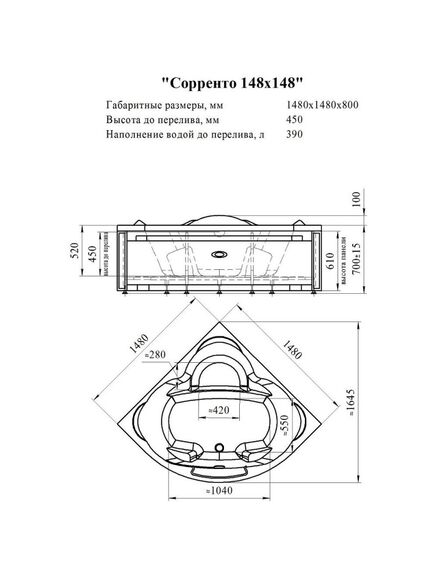 Купить Ванна акриловая "СОРРЕНТО 148х148", рама-подставка, фронтальная панель, слив-перелив полуавтомат (золото, с сифоном) (1-01-3-0-9-037к) по цене 80988 руб., в Санкт-Петебруге в интернет магазине 100-Систем, а также дургие товары RADOMIR из раздела Акриловые ванны и Ванны