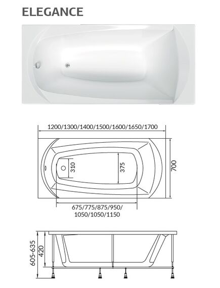 Купить 1Marka Ванна "ELEGANCE" 165*70 (01эл16570) по цене 22057 руб., в Санкт-Петебруге в интернет магазине 100-Систем, а также дургие товары 1MARKA из раздела Акриловые ванны и Ванны
