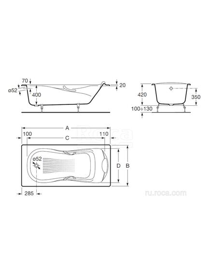Купить Ванна Roca Haiti 160x80 с отверстиями для ручек, anti-slip 2330G000R (2330g000r) по цене 67369.77 руб., в Санкт-Петебруге в интернет магазине 100-Систем, а также дургие товары ROCA из раздела Чугунные ванны и Ванны