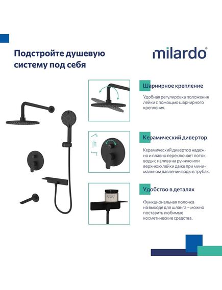 Купить Душевая система скрытого монтажа с тропическим душем, ручным душем и изливом, черный матовый, Rora, Milardo, RORBL03M68 (rorbl03m68) по цене 25990 руб., в Санкт-Петебруге в интернет магазине 100-Систем, а также дургие товары MILARDO из раздела Душевые комплекты встраиваемого монтажа и Душевые комплекты встраиваемого монтажа