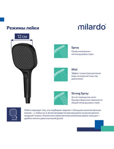 Купить ILS3FB0M18, Лейка для душа, черная матовая, 3F, Ideal Spa, Milardo, ILS3FB0M18 (ils3fb0m18) по цене 790 руб., в Санкт-Петебруге в интернет магазине 100-Систем, а также дургие товары MILARDO из раздела Лейки и Комплектующие для душа