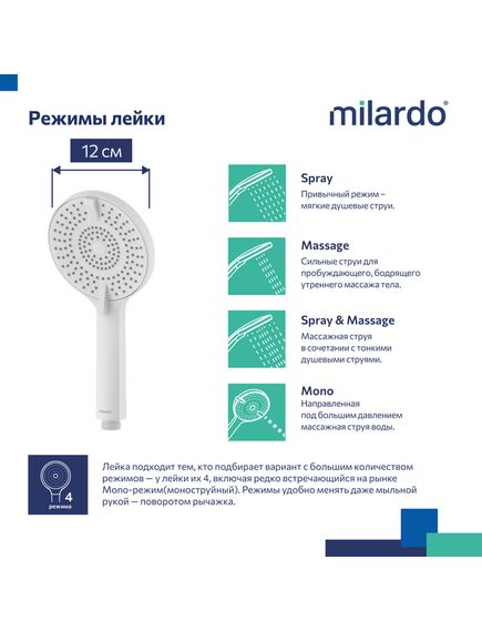 Купить Лейка для душа, 4F, белая матовая, Rora, Milardo, ROR4FWRM18 (ror4fwrm18) по цене 1290 руб., в Санкт-Петебруге в интернет магазине 100-Систем, а также дургие товары MILARDO из раздела Лейки и Комплектующие для душа