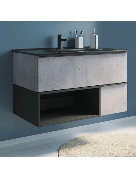 Купить COMFORTY. Тумба-умывальник "Франкфурт-90" бетон светлый с раковиной  COMFORTY 90E черная матовая (00-00006503) по цене 45430 руб., в Санкт-Петебруге в интернет магазине 100-Систем, а также дургие товары COMFORTY из раздела Тумбы с умывальником и Мебель для ванной комнаты
