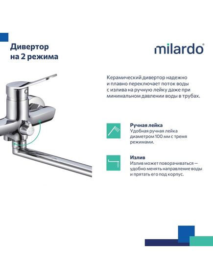 Купить Смеситель для ванны с длинным изливом, глянцевый хром, Enjoy, Milardo, ENJSB00M10 (ENJSB00M10) по цене 7000 руб., в Санкт-Петебруге в интернет магазине 100-Систем, а также дургие товары MILARDO из раздела Смесители с длинным изливом и Смесители для ванны и душа