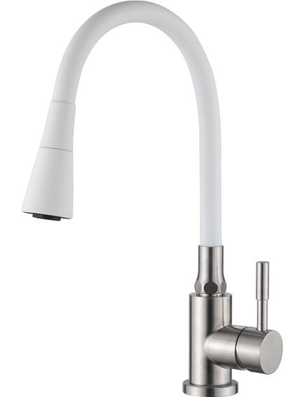Купить Смеситель для кухни с силиконовым изливом. Цвет белый+нерж.сталь. Ф35. (Комлектуется подводкой для воды) (a9890g-3) по цене 3111 руб., в Санкт-Петебруге в интернет магазине 100-Систем, а также дургие товары Accoona из раздела Рычажные смесители и Смесители для кухни
