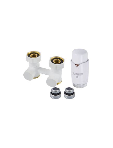 Купить Комплект эксклюзивного узла подключения 50 мм с термоголовкой Белый Проходной (601000021) по цене 8640 руб., в Санкт-Петебруге в интернет магазине 100-Систем, а также дургие товары Schlosser из раздела Радиаторные клапаны и Радиаторная арматура