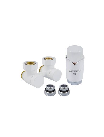 Купить Комплект эксклюзивного узла подключения 50 мм с термоголовкой Белый Угловой (601000020) по цене 8640 руб., в Санкт-Петебруге в интернет магазине 100-Систем, а также дургие товары Schlosser из раздела Радиаторные клапаны и Радиаторная арматура